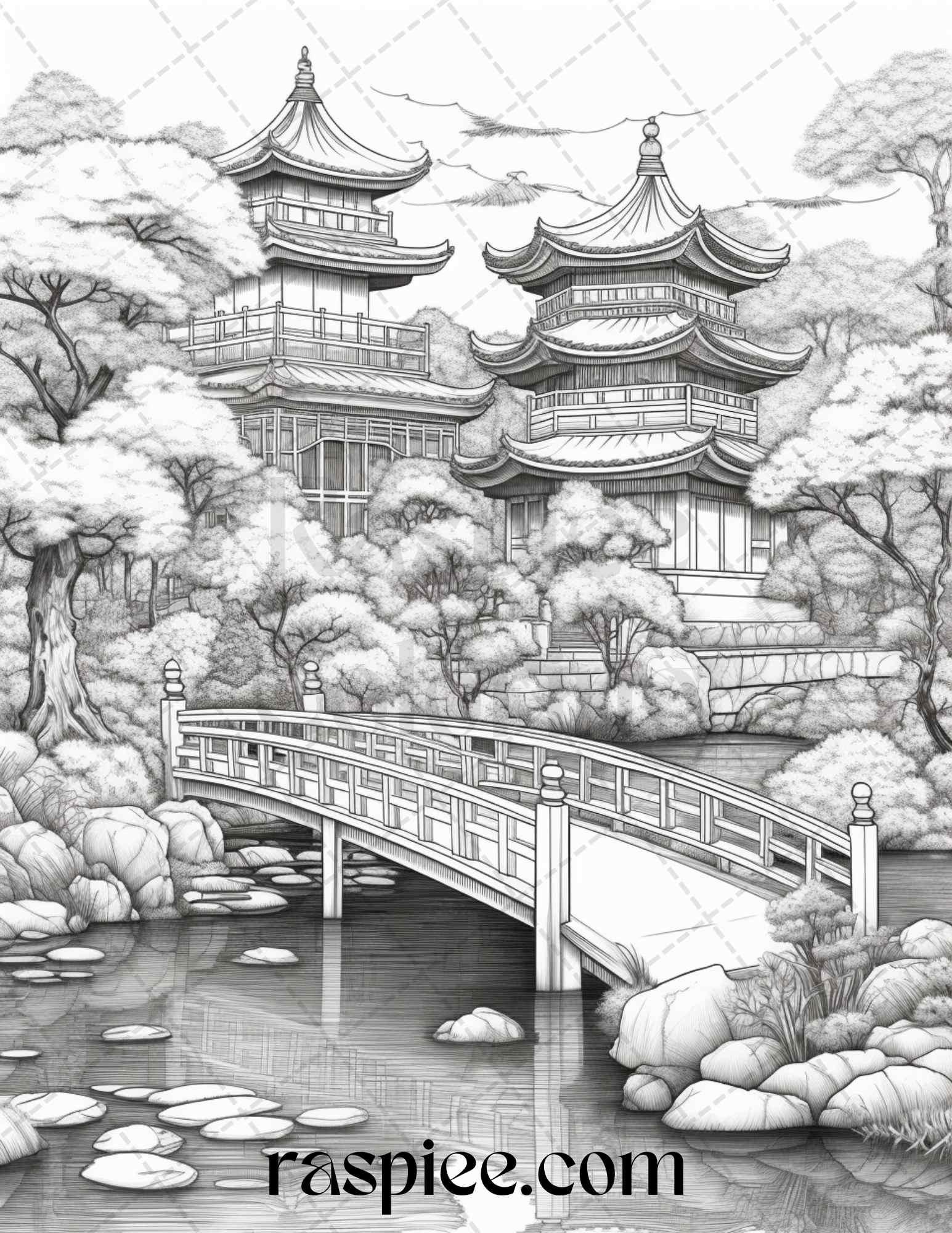 Japanese Garden Grayscale Coloring Pages Printable for Adults, PDF File Instant Download
