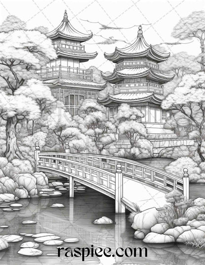 Japanese Garden Grayscale Coloring Pages Printable for Adults, PDF File Instant Download