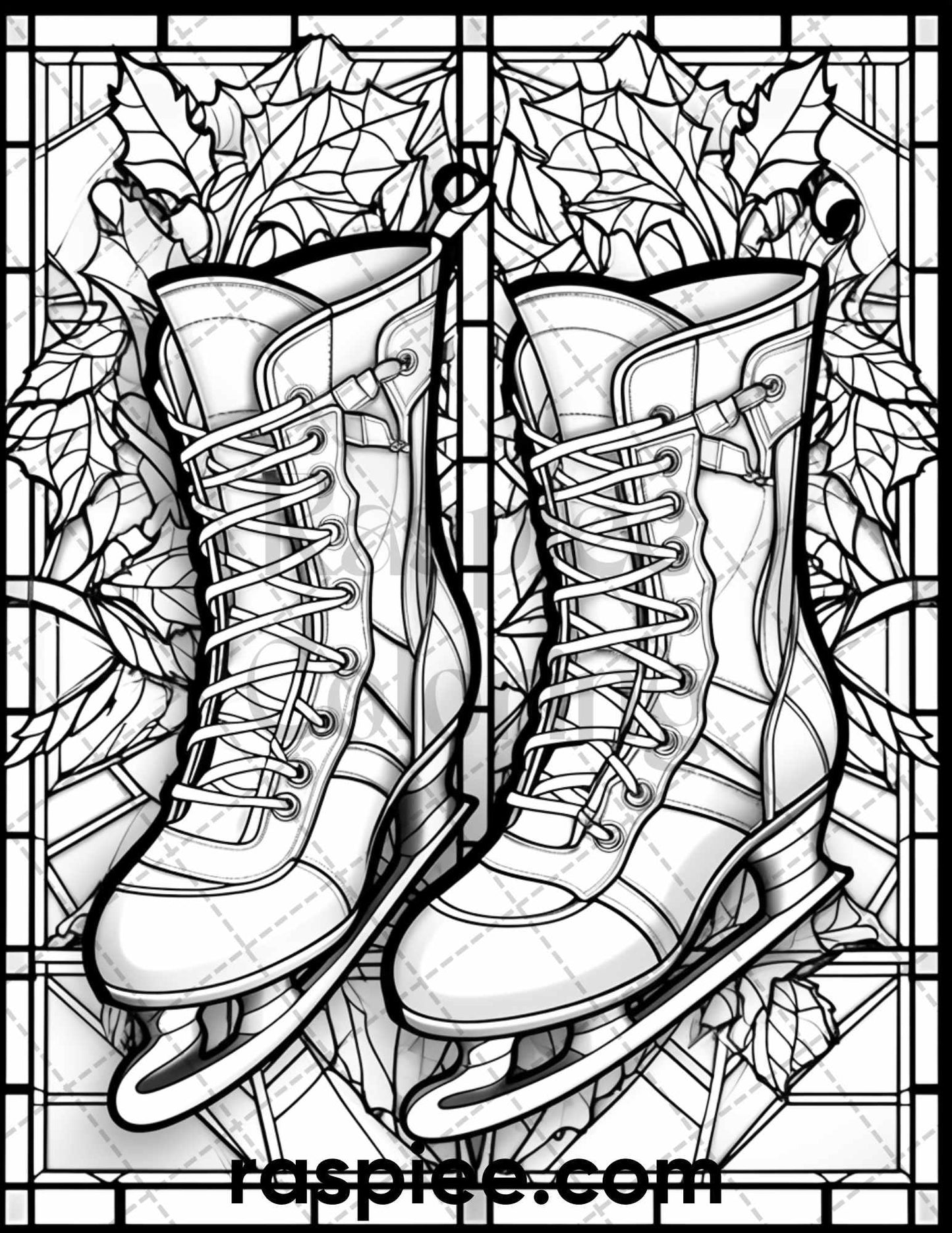 50 Christmas Stained Glass Grayscale Coloring Pages for Adults, Printable PDF File Instant Download