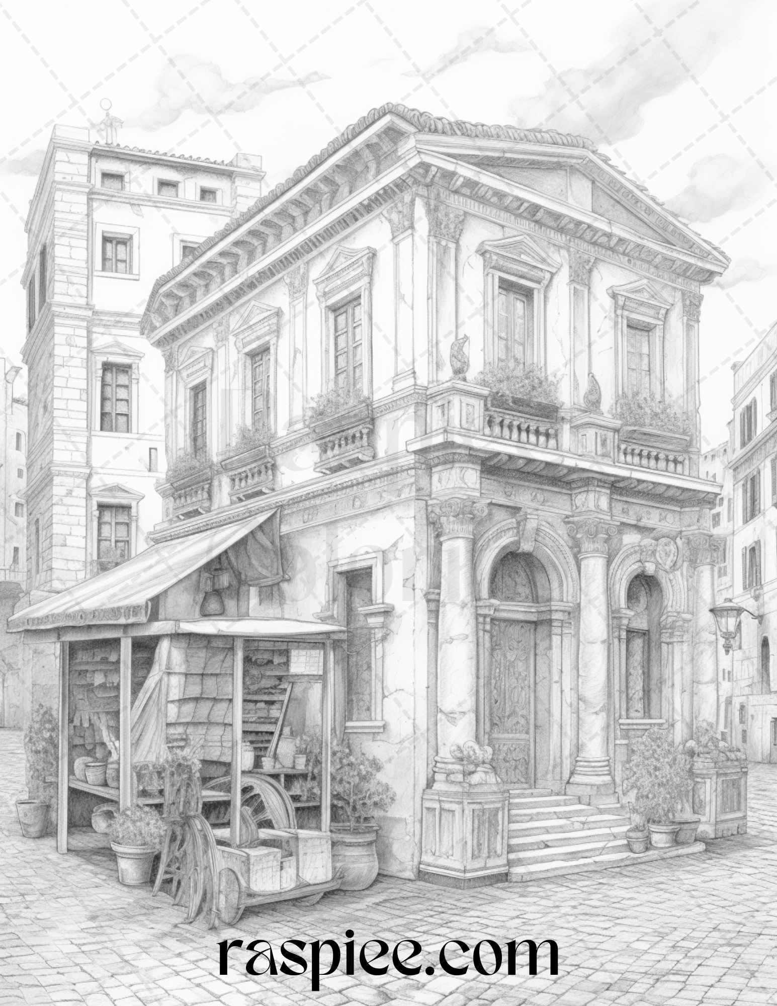 Roman Architecture Grayscale Coloring Pages Printable for Adults, PDF File Instant Download