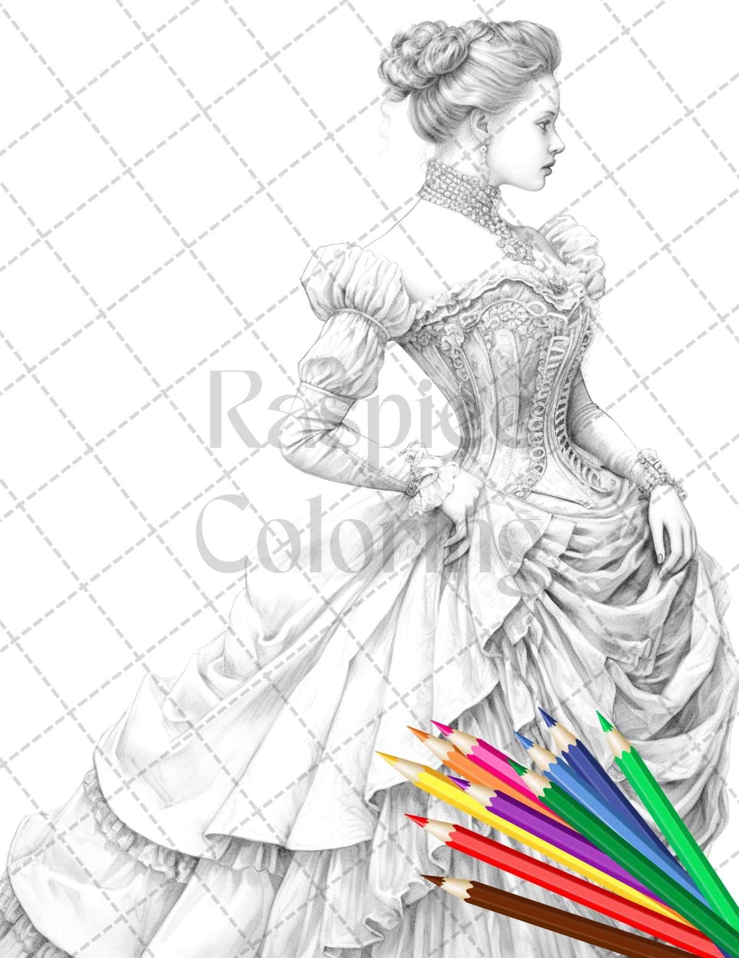 50 Victorian Fashion Grayscale Coloring Pages Printable for Adults, PDF File Instant Download