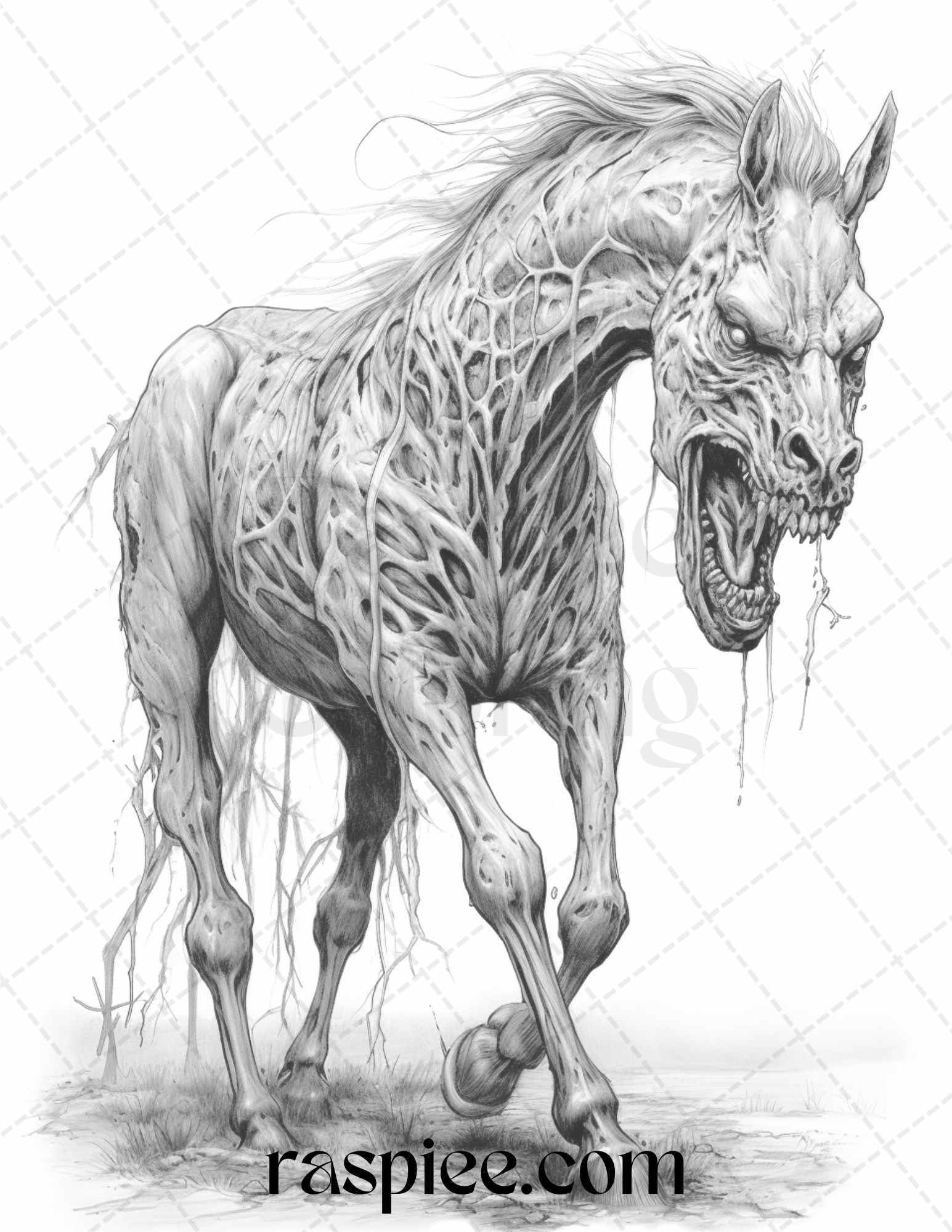 66 Horror Zombie Animals Grayscale Coloring Pages Printable for Adults, PDF File Instant Download