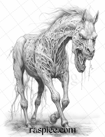 66 Horror Zombie Animals Grayscale Coloring Pages Printable for Adults, PDF File Instant Download