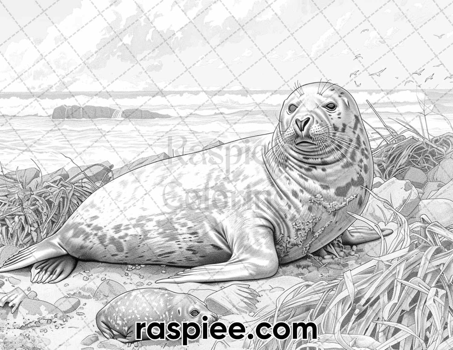 65 Coastal Landscapes Grayscale Adult Coloring Pages, Printable PDF Instant Download