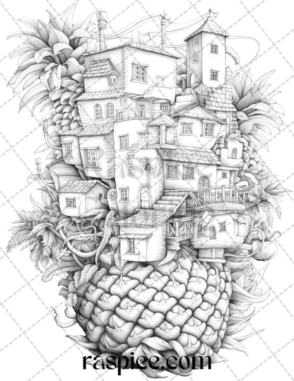 50 Pineapple Houses Grayscale Coloring Pages Printable for Adults, PDF File Instant Download