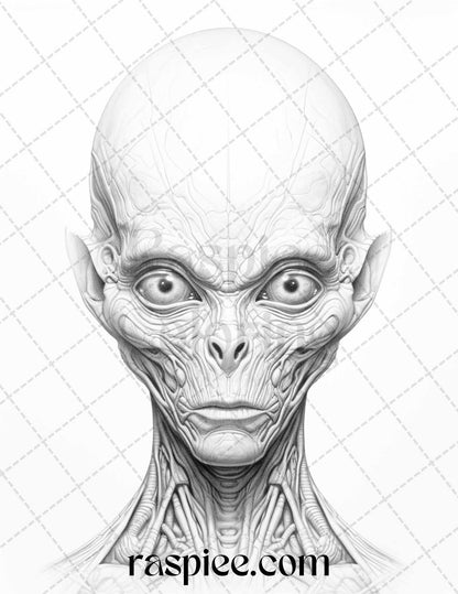 65 Alien Portrait Grayscale Coloring Pages for Adults, Printable PDF File Instant Download