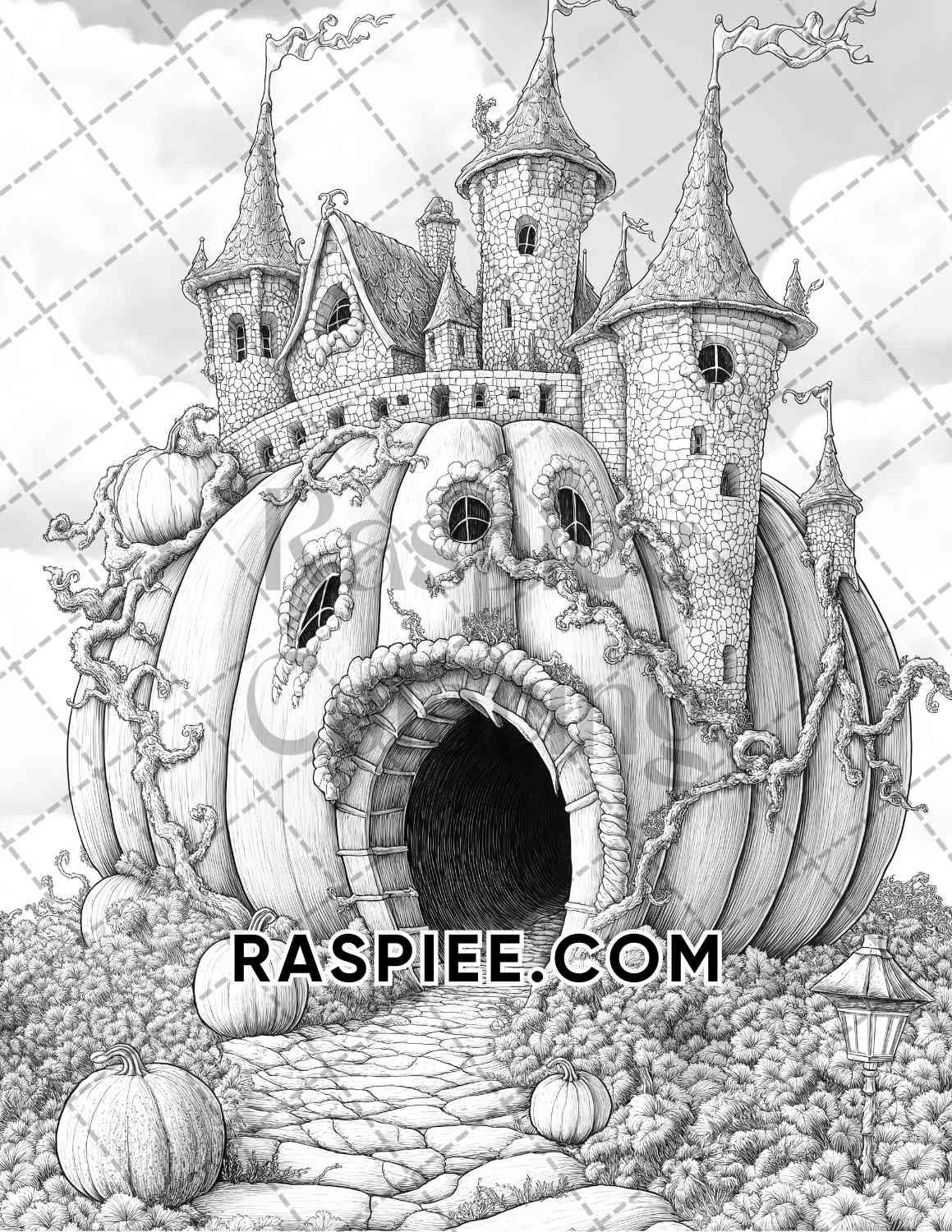 Fantasy Giant Pumpkin Castles Adult Coloring Pages Printable PDF Instant Download