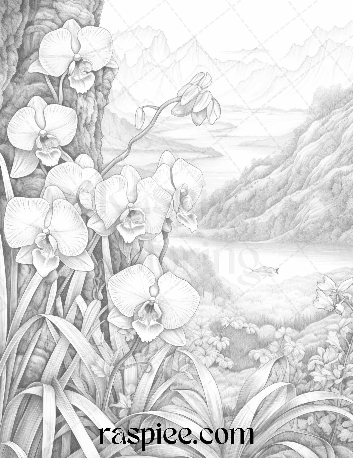 60 Mountain Flower Landscapes Grayscale Coloring Pages Printable for Adults, PDF File Instant Download