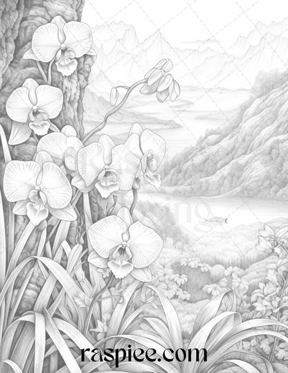 60 Mountain Flower Landscapes Grayscale Coloring Pages Printable for Adults, PDF File Instant Download