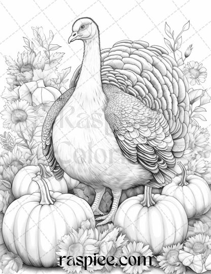 Autumn Animals Grayscale Coloring Pages for Adults and Kids, Printable PDF File Instant Download