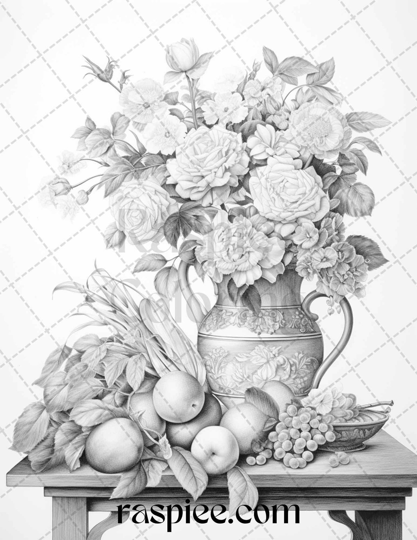 52 Still Life Grayscale Coloring Pages Printable for Adults, PDF File Instant Download