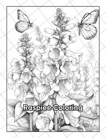 50 Butterflies & Flowers Grayscale Adult Coloring Pages Printable PDF Instant Download