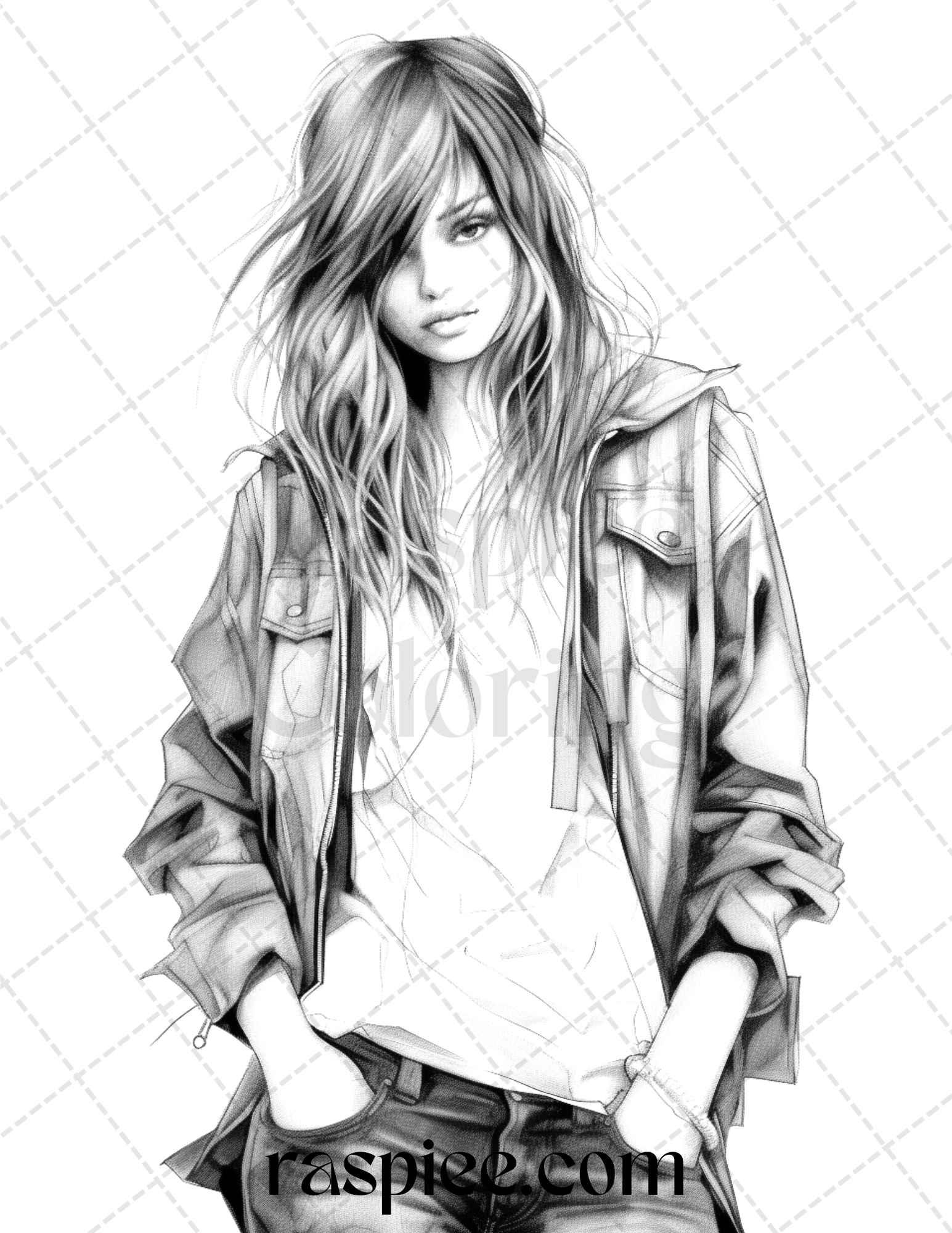 50 Streetwear Fashion Grayscale Coloring Pages Printable for Adults, PDF File Instant Download