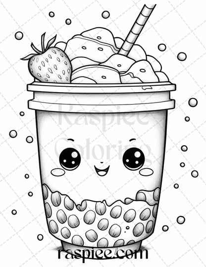 50 Cute Kawaii Boba Tea Grayscale Coloring Pages for Adults and Kids, Printable PDF File Instant Download