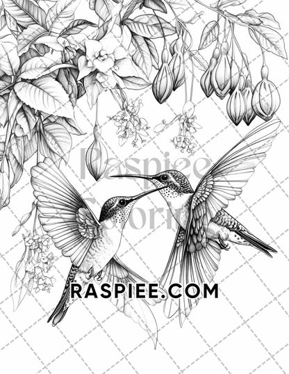 Flowers and Birds Adult Coloring Pages Printable PDF Instant Download