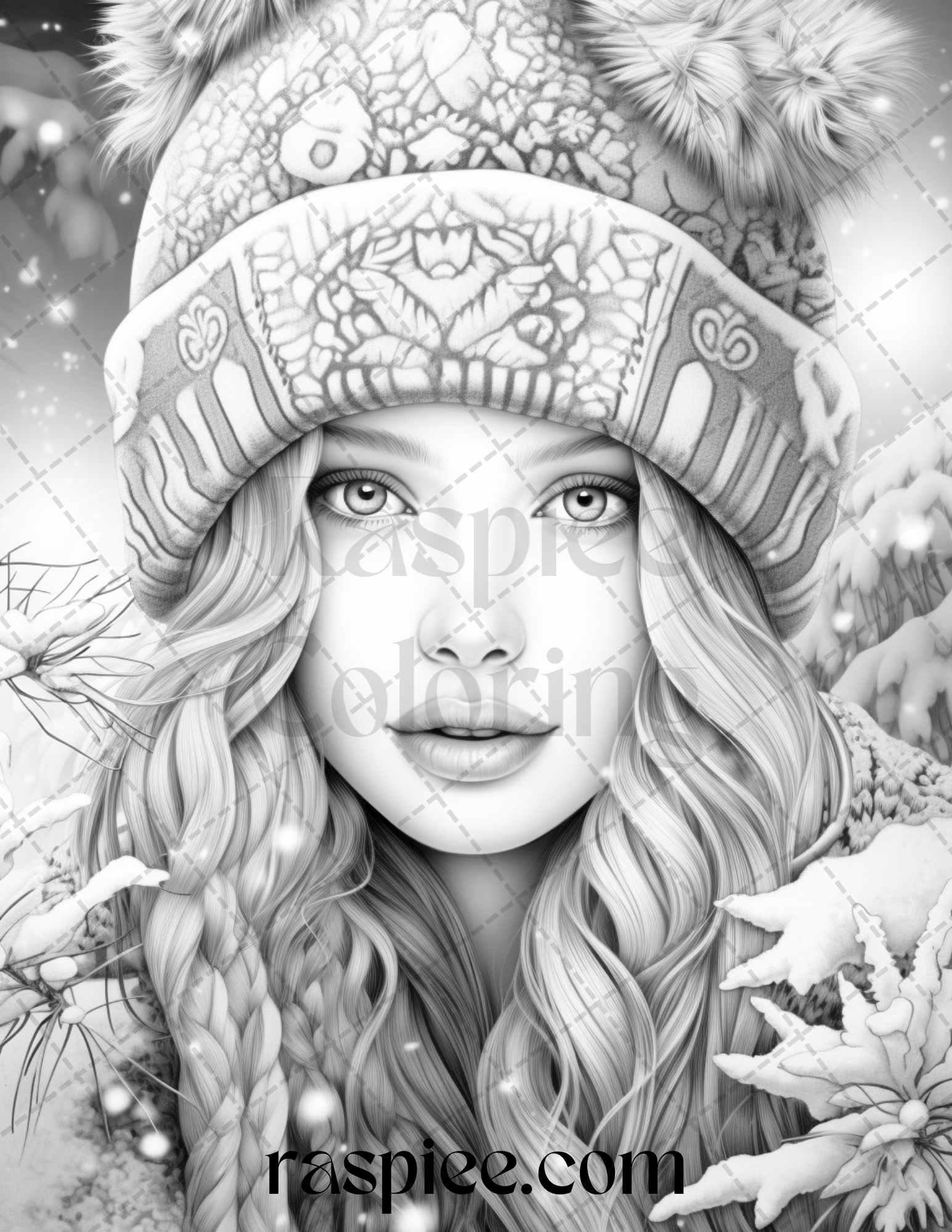 60 Beautiful Winter Girls Grayscale Coloring Pages Printable for Adults, PDF File Instant Download