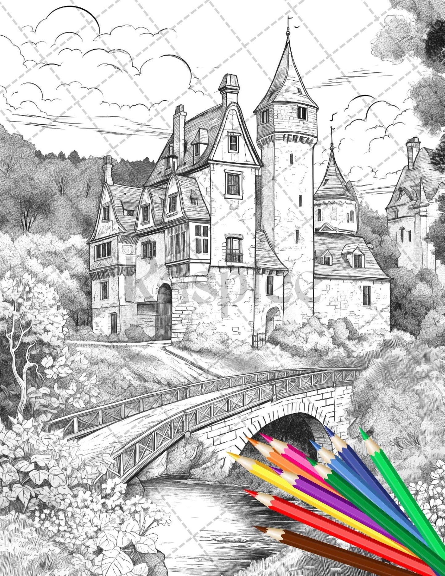122 Fantasy Castles Coloring Book for Adults, Grayscale Coloring Page, Printable PDF Instant Download