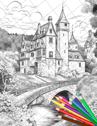 122 Fantasy Castles Coloring Book for Adults, Grayscale Coloring Page, Printable PDF Instant Download