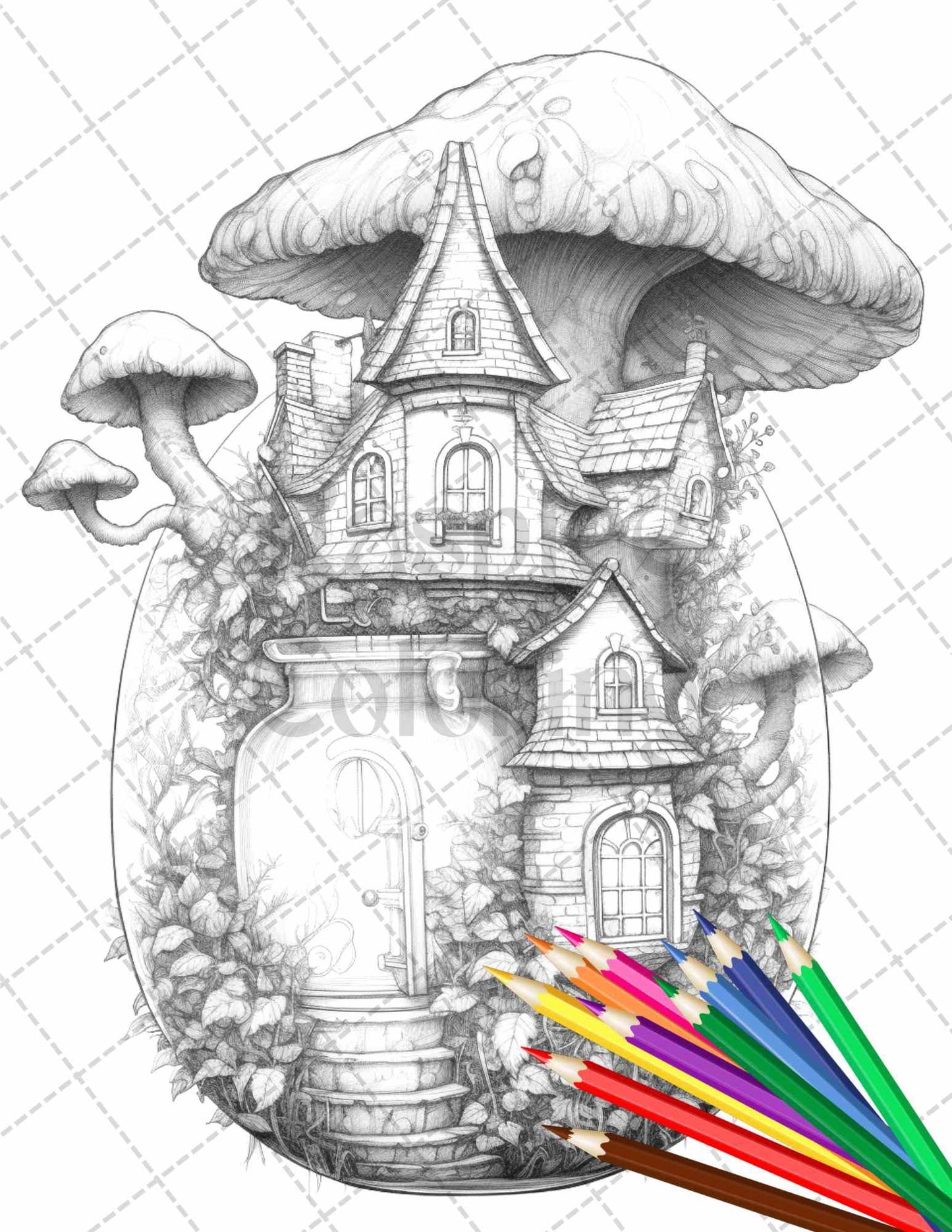 Fairy House in Jar Grayscale Coloring Pages Printable for Adults, PDF File Instant Download