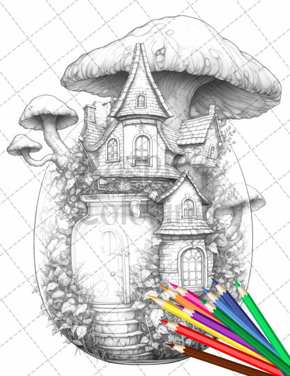 Fairy House in Jar Grayscale Coloring Pages Printable for Adults, PDF File Instant Download