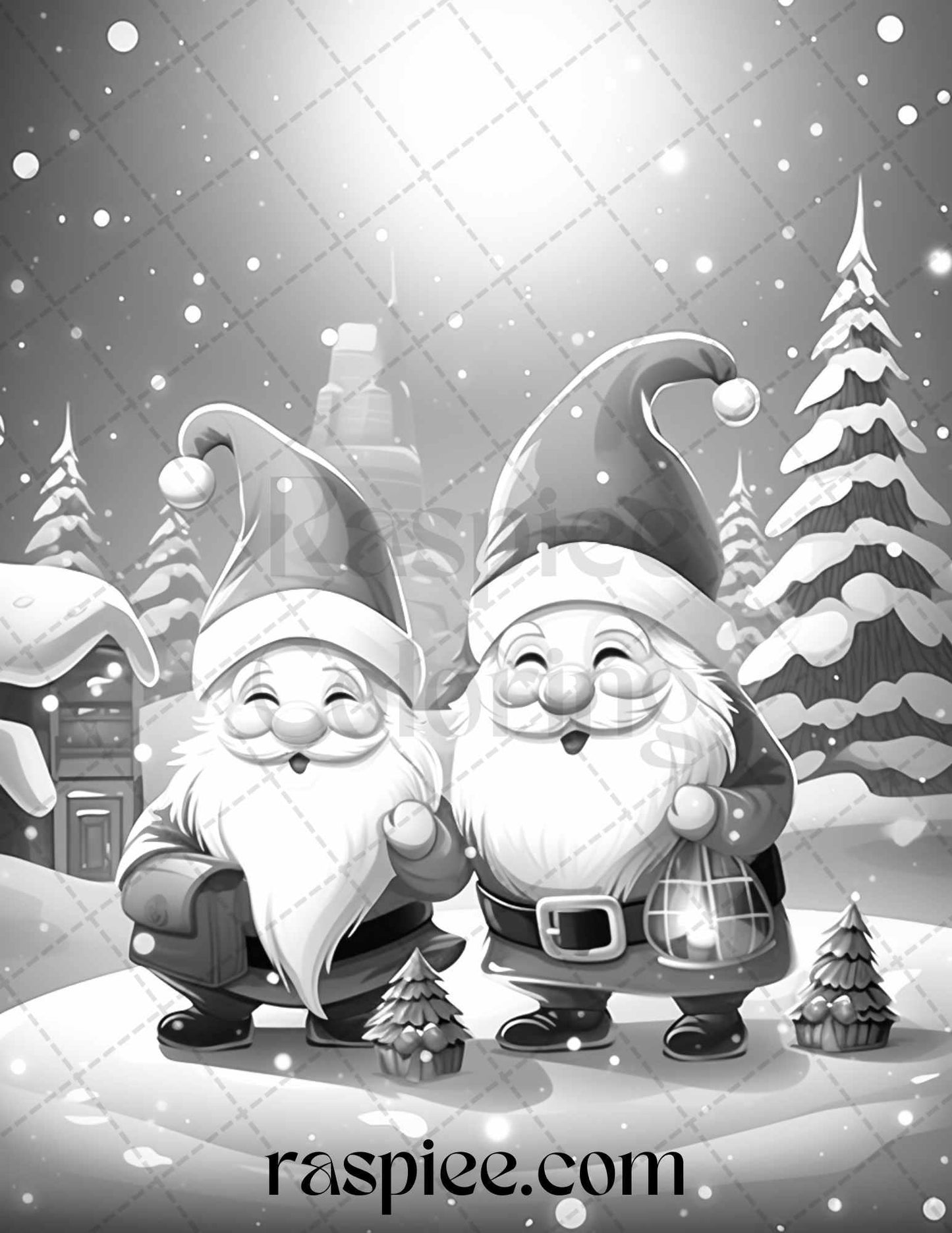 60 Christmas Gnomes Grayscale Coloring Pages Printable for Adults and Kids, PDF File Instant Download