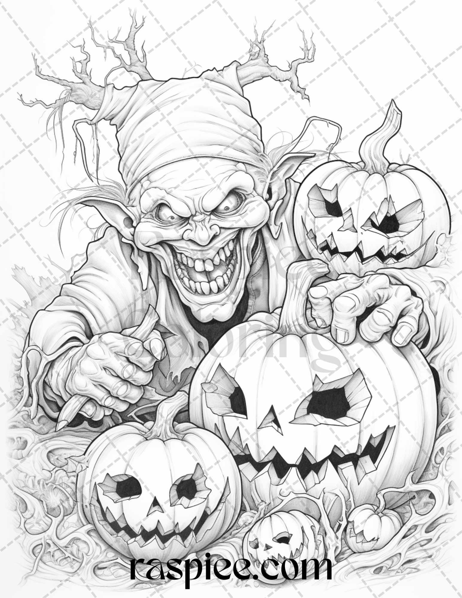 50 Halloween Goblin Grayscale Coloring Pages Printable for Adults, PDF File Instant Download