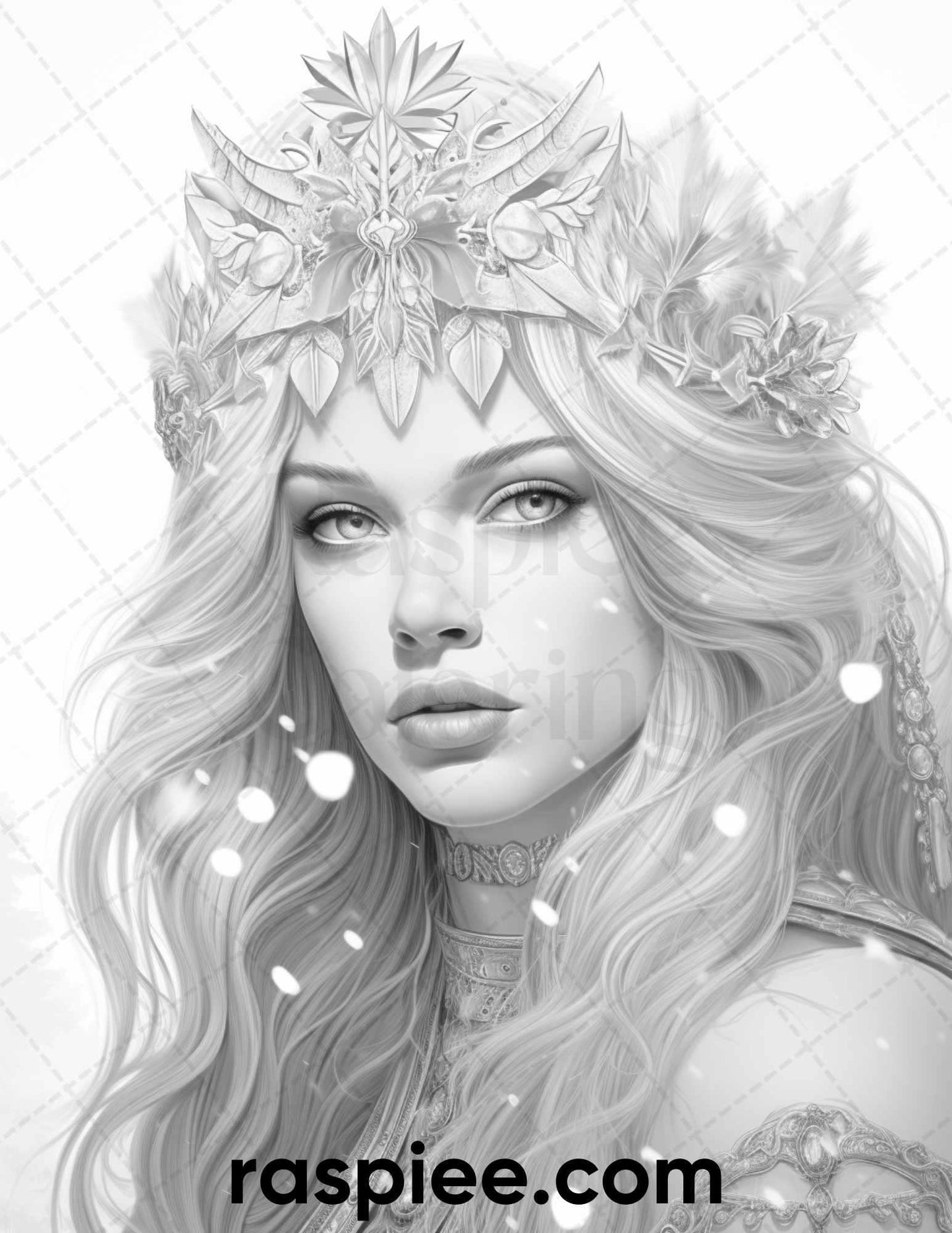 50 Winter Queens Portrait Grayscale Coloring Pages Printable for Adults, PDF File Instant Download