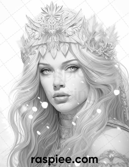 50 Winter Queens Portrait Grayscale Coloring Pages Printable for Adults, PDF File Instant Download