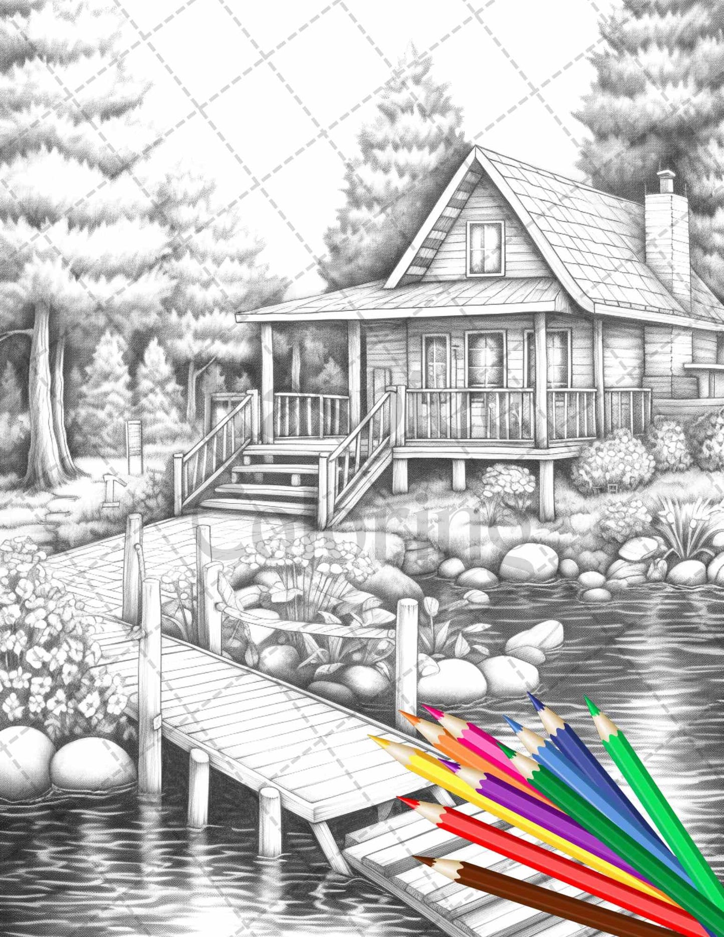 Lake Cabin Scenery Grayscale Coloring Pages Printable for Adults, PDF File Instant Download