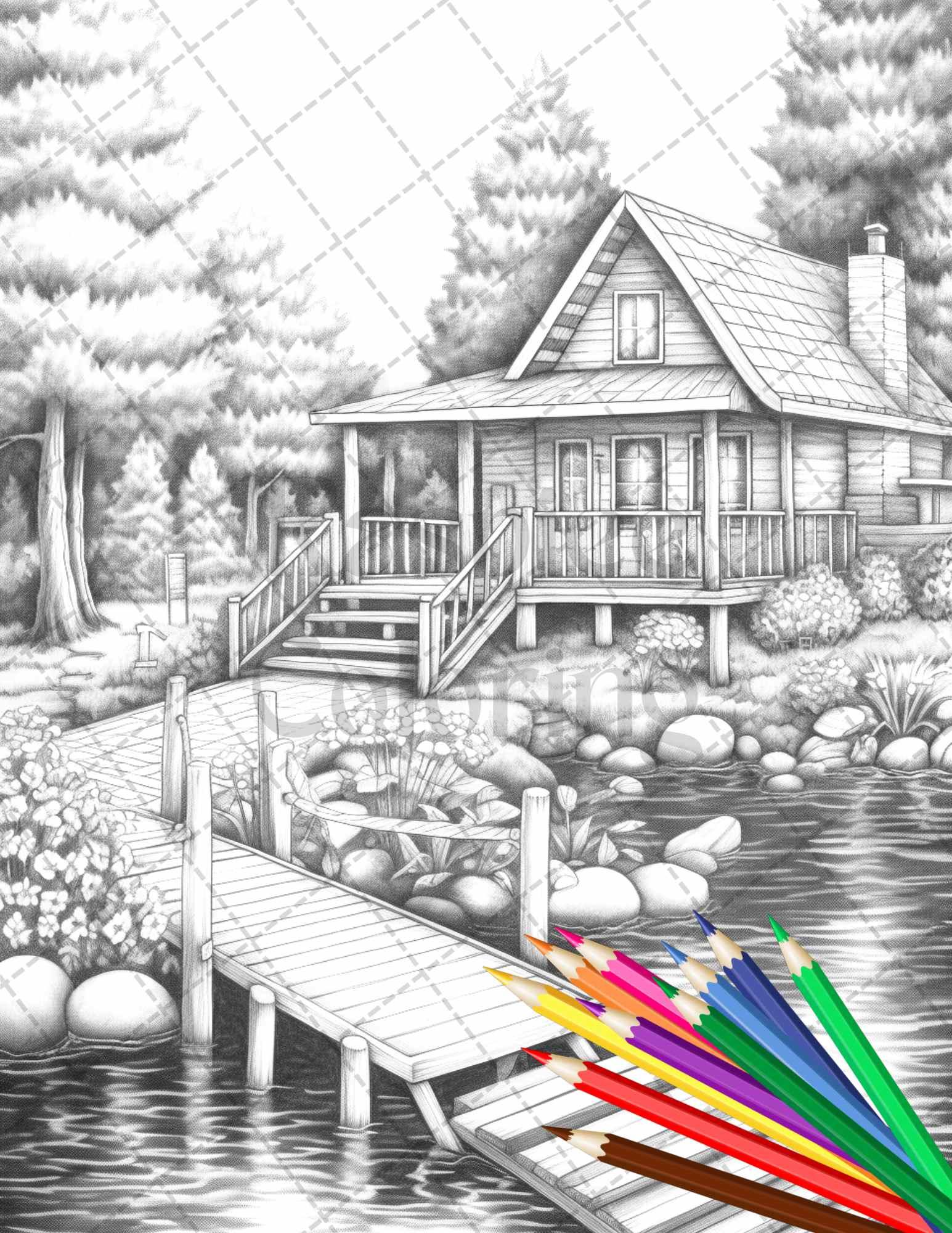 Lake Cabin Scenery Grayscale Coloring Pages Printable for Adults, PDF File Instant Download