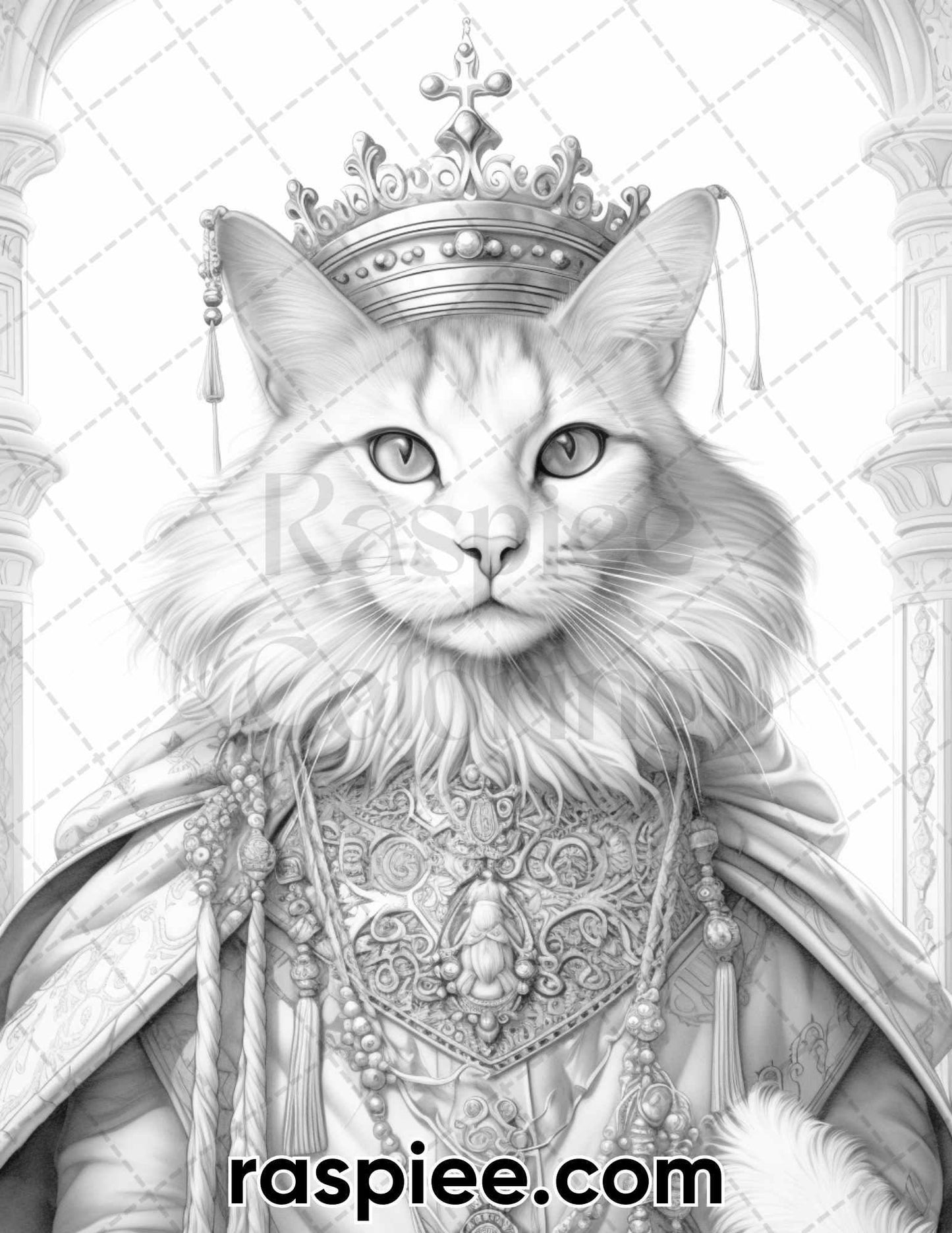 50 Royal King Cat Grayscale Coloring Pages for Adults, Printable PDF Instant Download