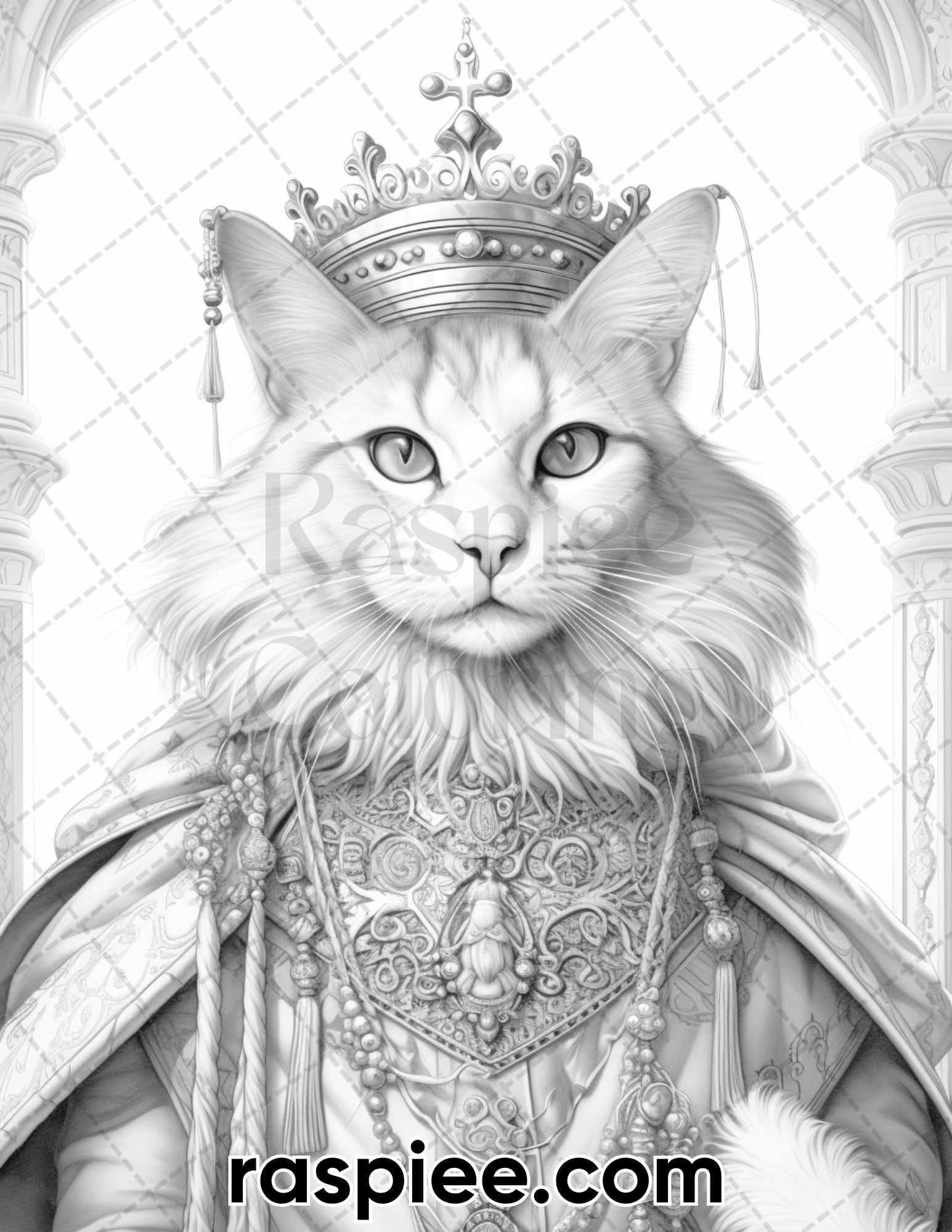 50 Royal King Cat Grayscale Coloring Pages for Adults, Printable PDF Instant Download