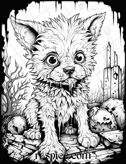 50 Halloween Scary Animals Grayscale Coloring Pages Printable for Adults, PDF File Instant Download