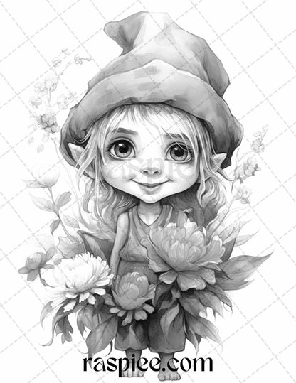 50 Flower Gnomes Grayscale Coloring Pages Printable for Adults Kids, PDF File Instant Download