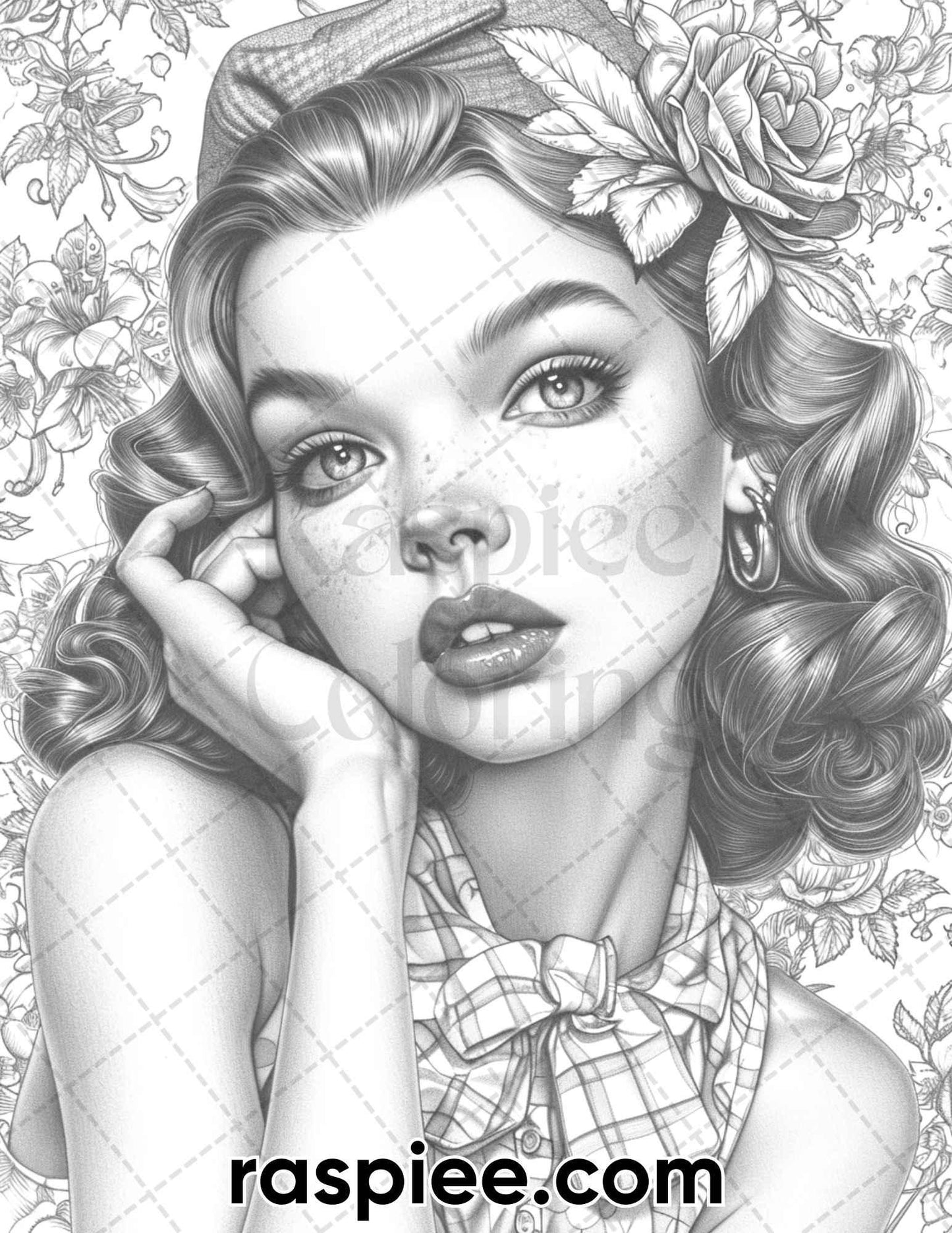 50 Vintage Spring Pin Up Girls Grayscale Adult Coloring Pages, Printable PDF Instant Download