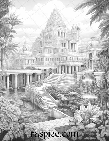 Hanging Gardens of Babylon Grayscale Coloring Pages Printable, PDF File Instant Download