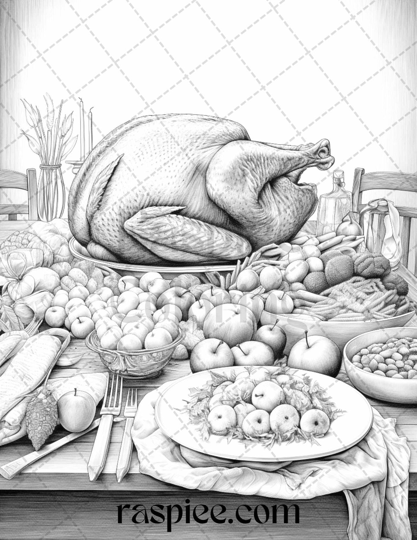 Thanksgiving Dinner Grayscale Coloring Pages for Adults, Relaxing Fall Coloring Sheets, Printable PDF File Instant Download