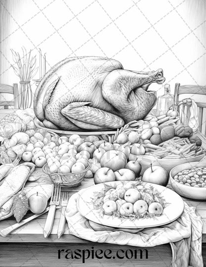 Thanksgiving Dinner Grayscale Coloring Pages for Adults, Relaxing Fall Coloring Sheets, Printable PDF File Instant Download