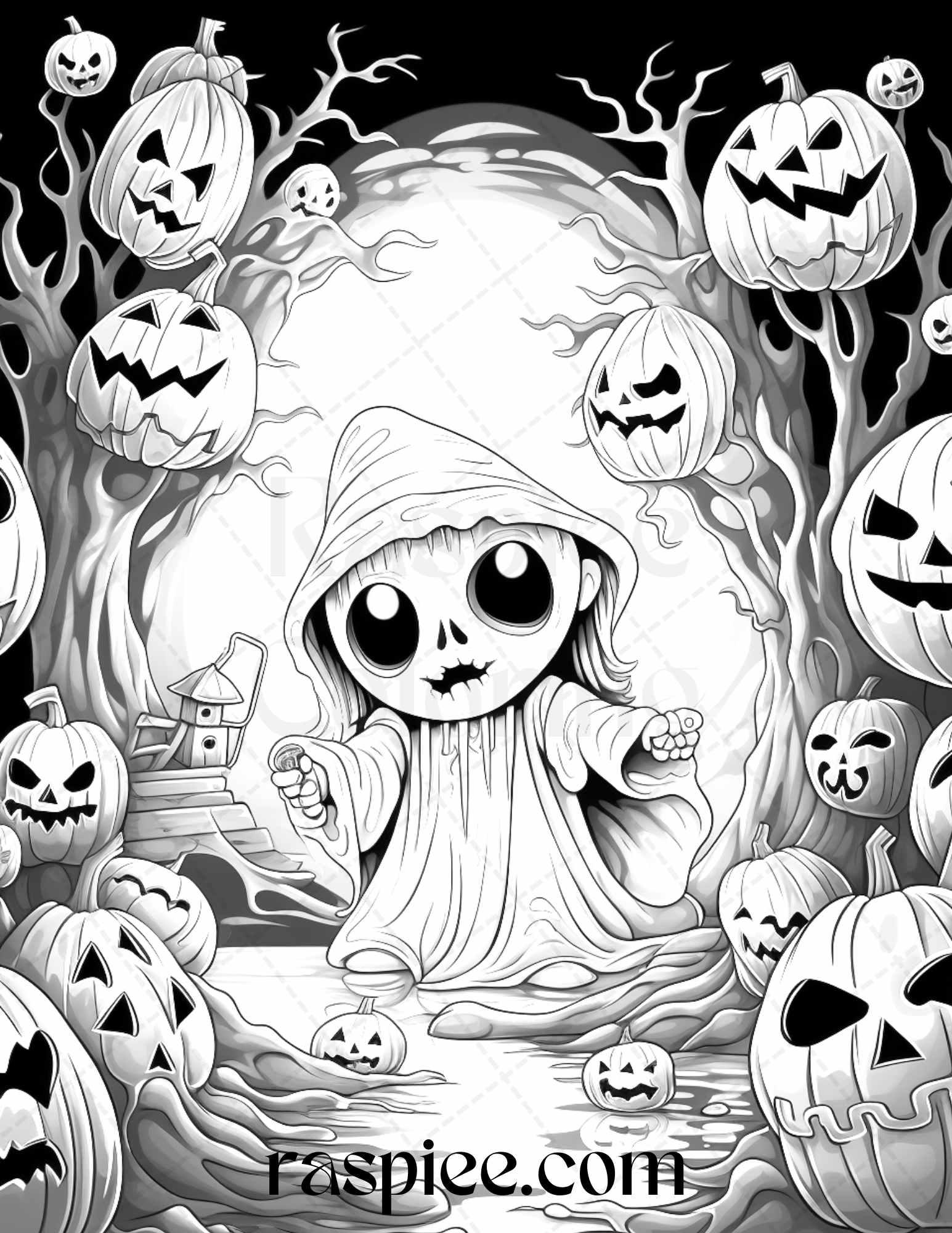 50 Halloween Cute Ghosts Grayscale Coloring Printable for Adults Kids, PDF File Instant Download