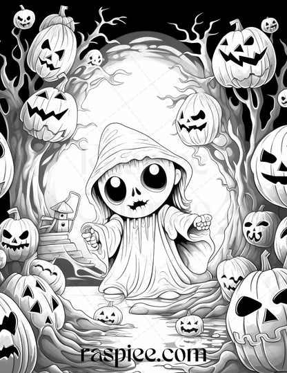 50 Halloween Cute Ghosts Grayscale Coloring Printable for Adults Kids, PDF File Instant Download