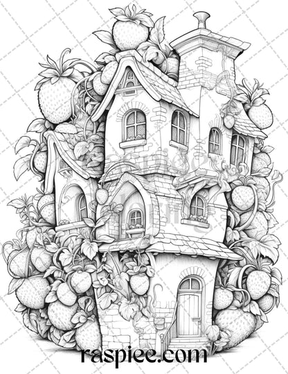50 Strawberry Houses Grayscale Coloring Pages Printable for Adults Kids, PDF File Instant Download