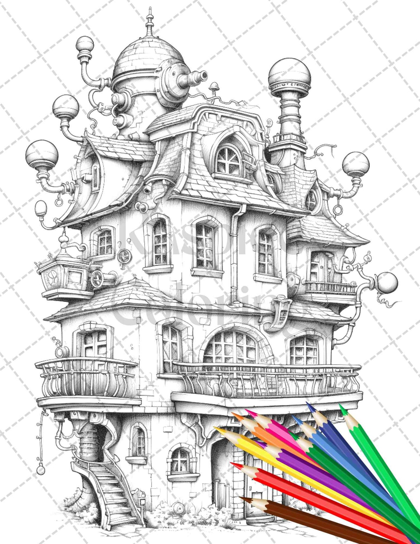50 Steampunk Houses Grayscale Coloring Pages Printable for Adults, PDF File Instant Download