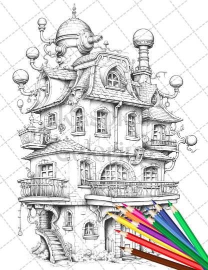 50 Steampunk Houses Grayscale Coloring Pages Printable for Adults, PDF File Instant Download