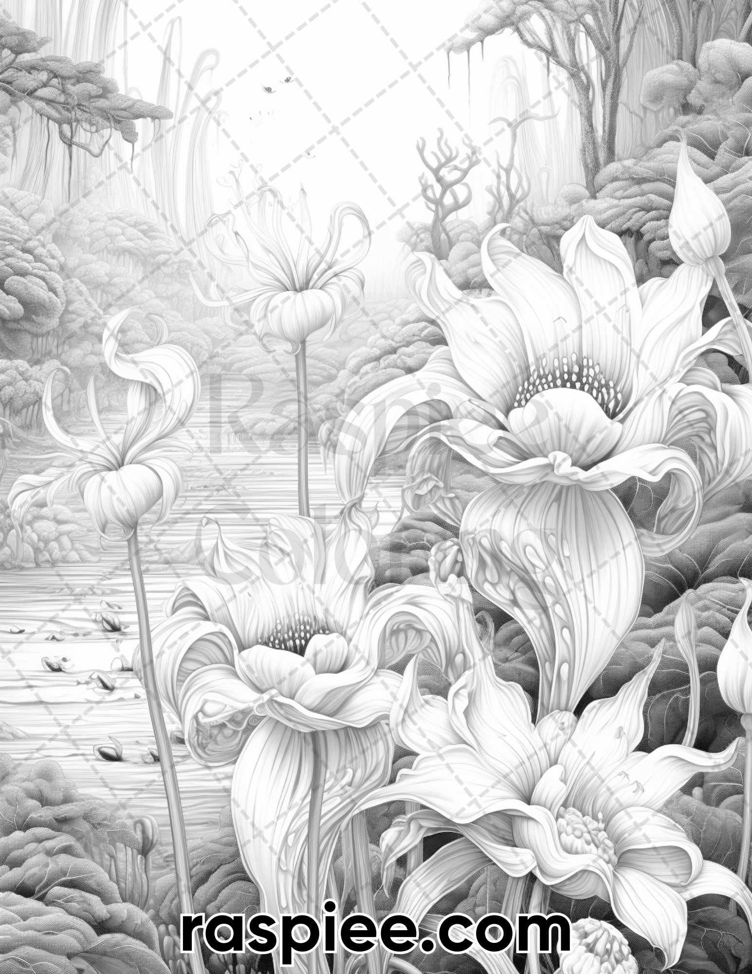 55 Fantasy Flowers Grayscale Coloring Pages for Adults, Printable PDF File Instant Download