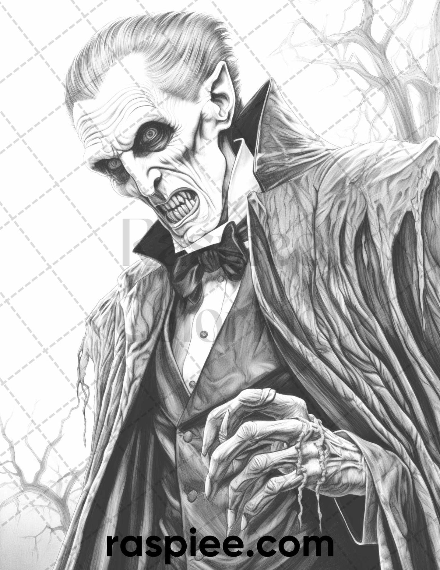 50 Count Dracula Grayscale Coloring Pages Printable for Adults, PDF File Instant Download