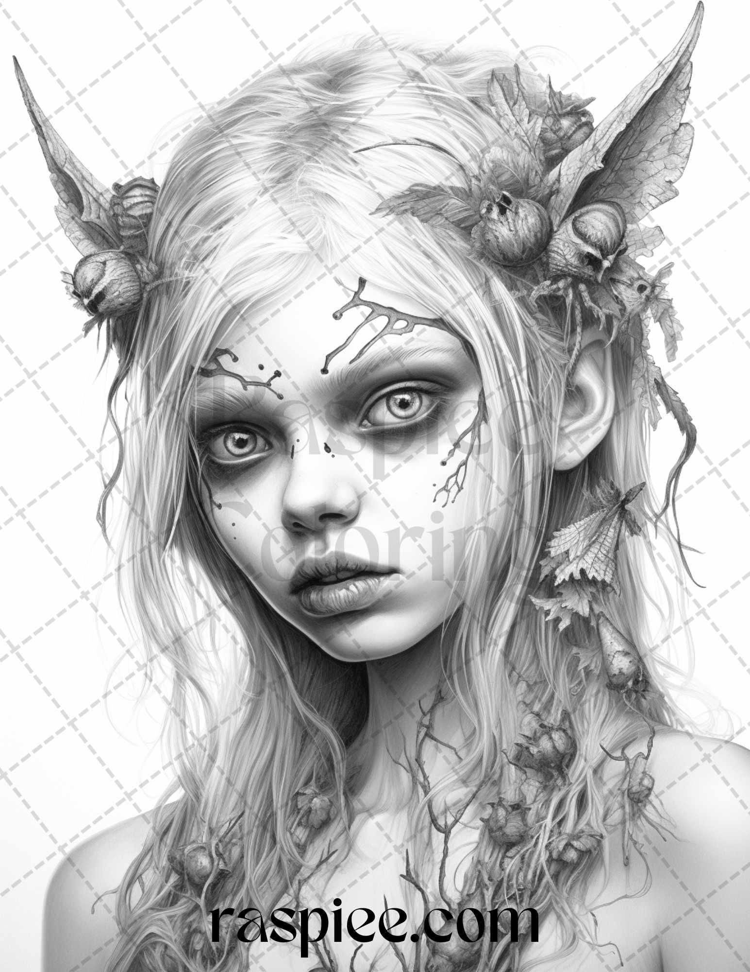 60 Halloween Zombie Fairy Grayscale Coloring Pages Printable for Adults, PDF File Instant Download