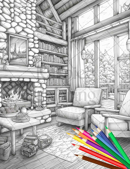Cozy Cabin Interior Grayscale Coloring Pages Printable for Adults, PDF File Instant Download