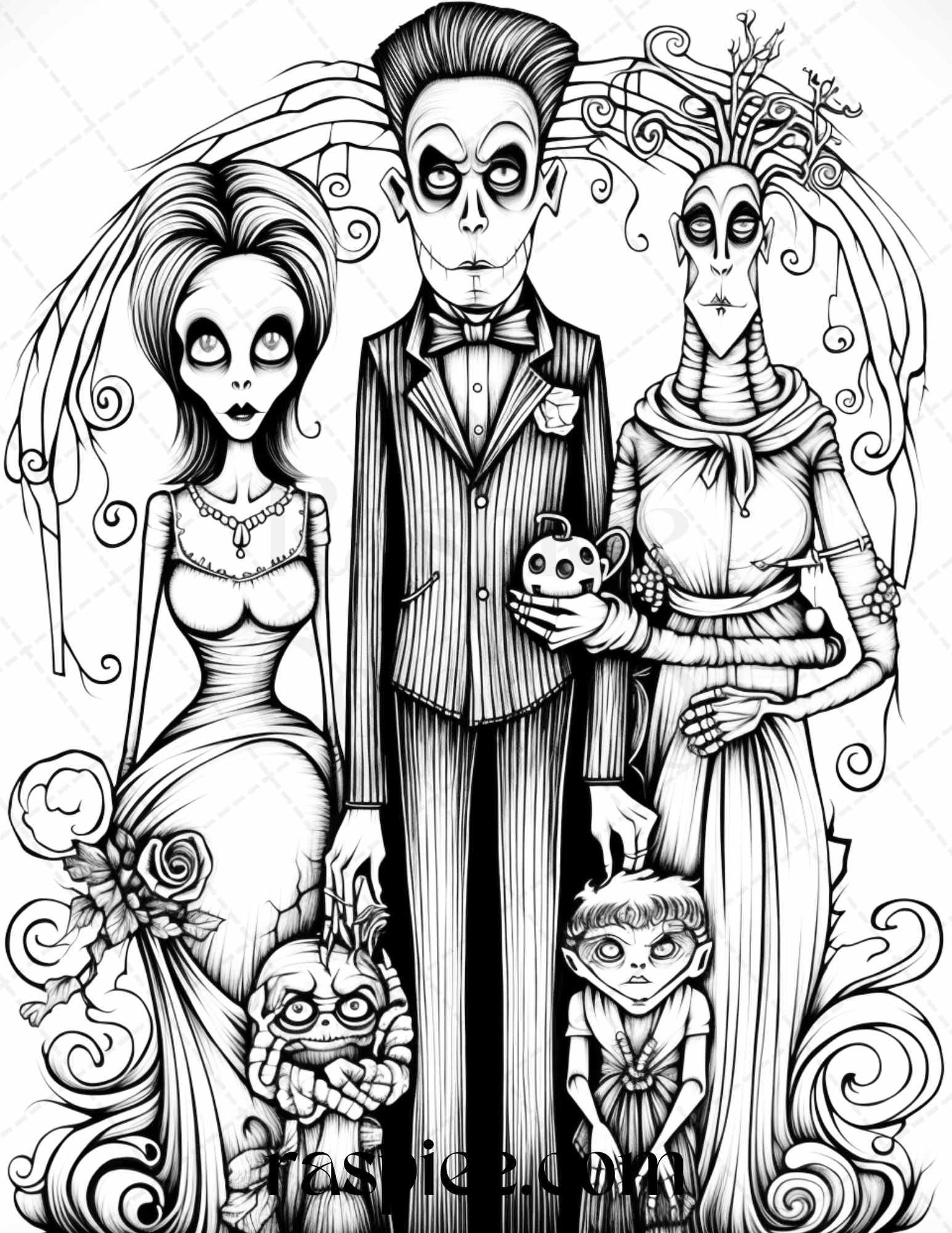 50 Monster Family Grayscale Coloring Pages Printable for Adults - Instant Download, Halloween Coloring Book, Fun and Spooky Designs