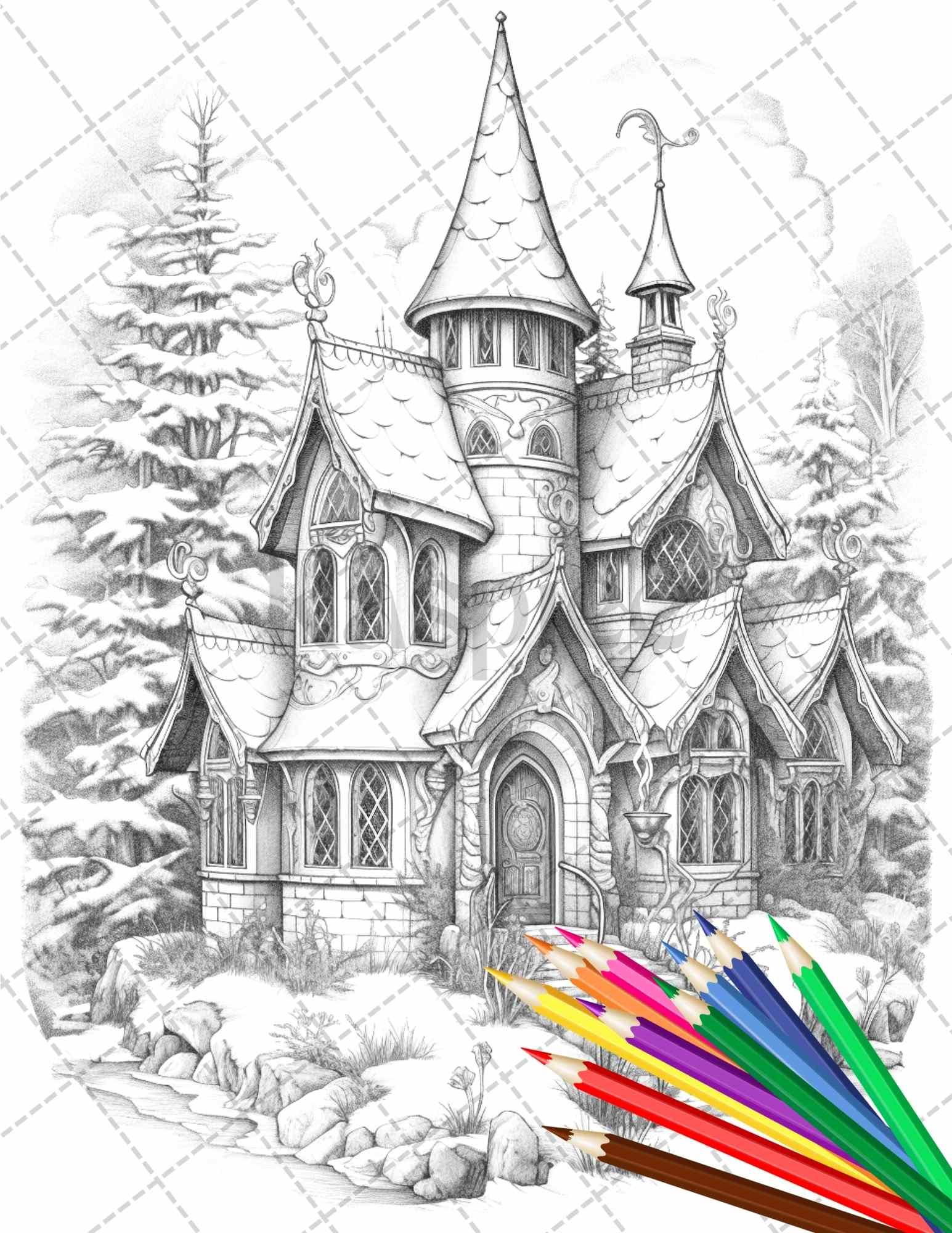 63 Winter Fairy Houses Grayscale Coloring Pages Printable for Adults, PDF File Instant Download