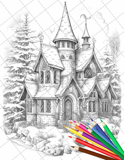 63 Winter Fairy Houses Grayscale Coloring Pages Printable for Adults, PDF File Instant Download